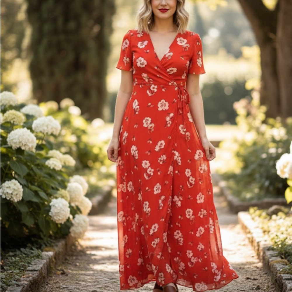 Ralph Lauren Red Floral wrap Dress Size 12 black label gorgeous